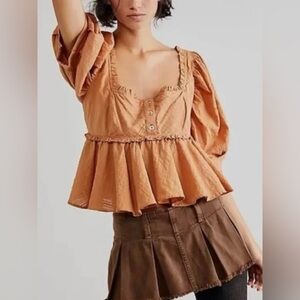 NWOT Free People Leave It To Me Babydoll Crop Peplum Camel Tan Short Sleeve Top
